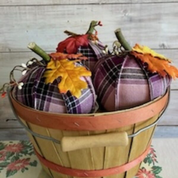 Hand sewn flannel and purple pumpkin for a fall bloom of lavender